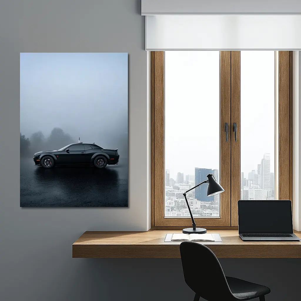 Dodge Challenger Black Muscle Car Foggy Day – Wall Art