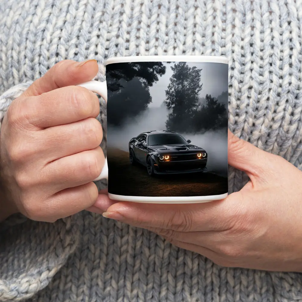 Dodge Challenger Black Muscle Car Foggy Night – Mugs