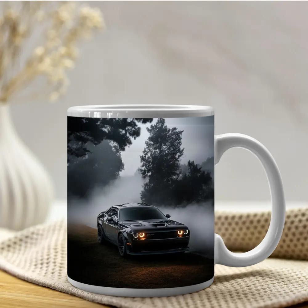 Dodge Challenger Black Muscle Car Foggy Night – Mugs