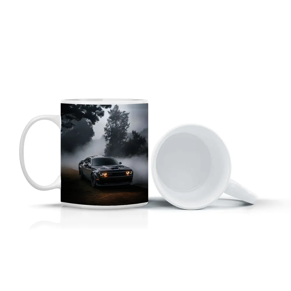 Dodge Challenger Black Muscle Car Foggy Night – Mugs