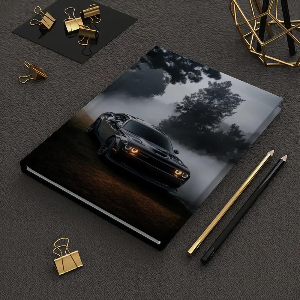 Dodge Challenger Black Muscle Car Foggy Night – Notebooks