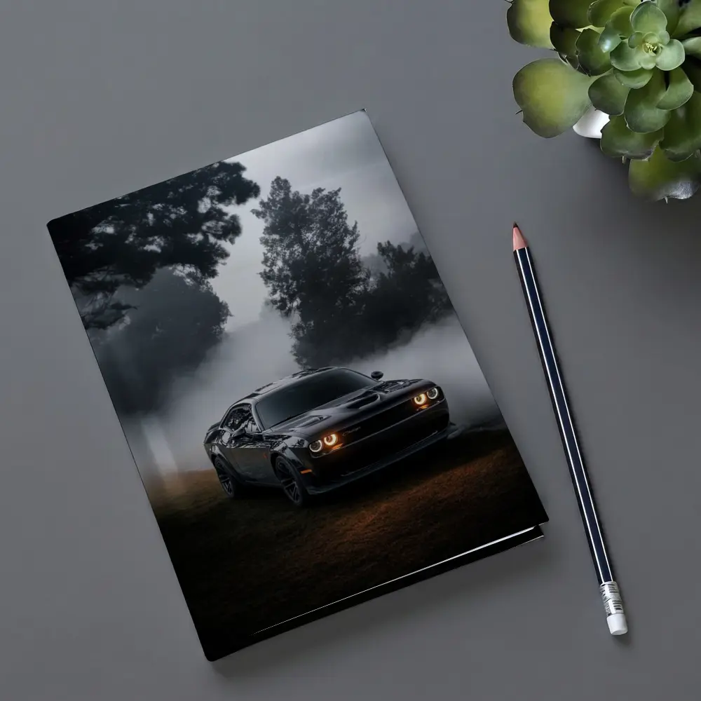 Dodge Challenger Black Muscle Car Foggy Night – Notebooks