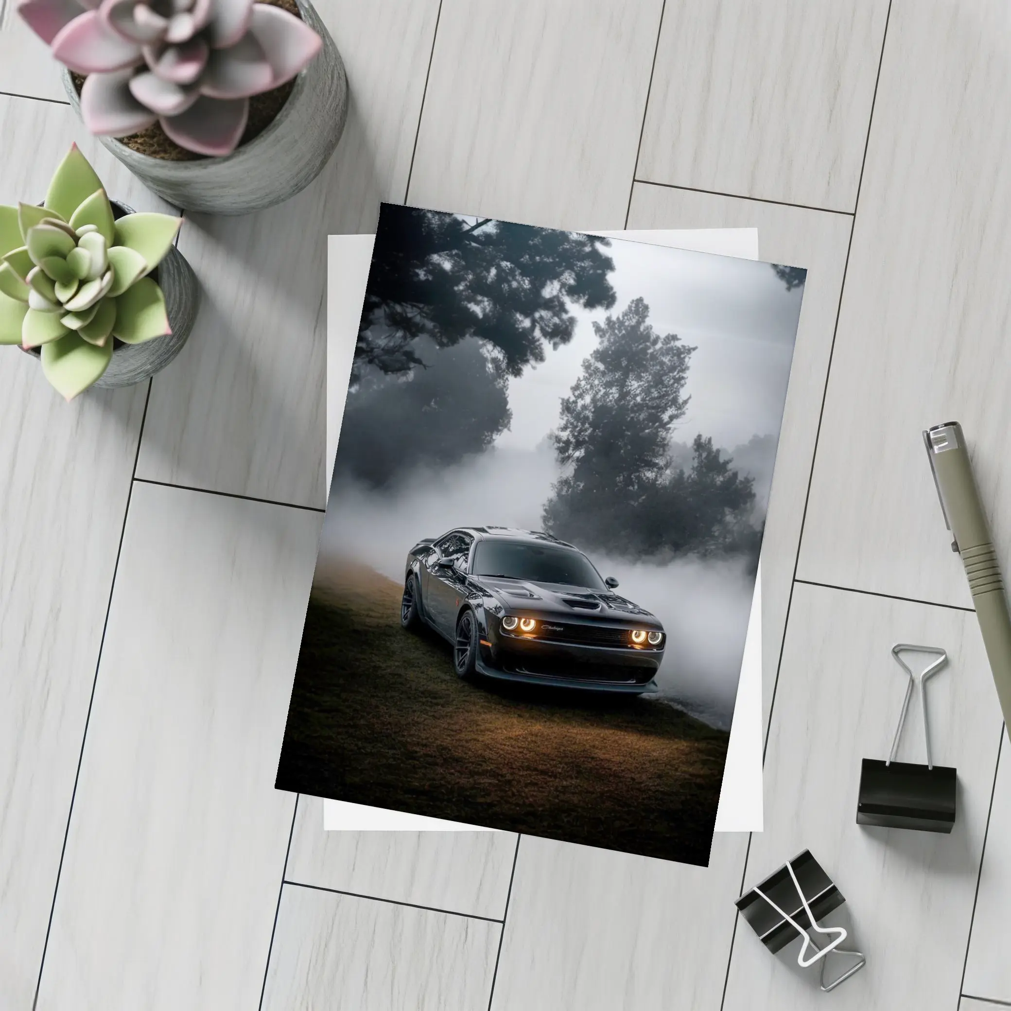 Dodge Challenger Black Muscle Car Foggy Night – Postcards