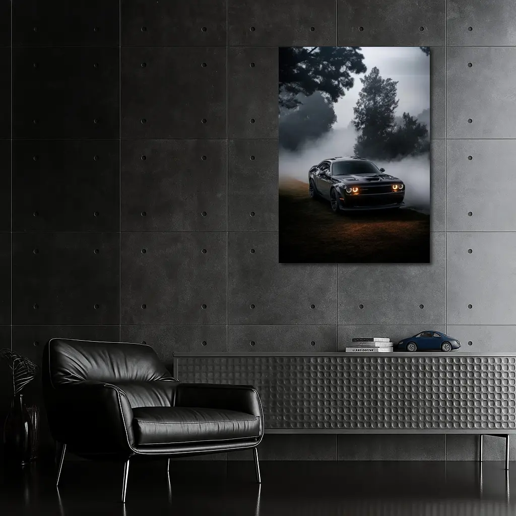 Dodge Challenger Black Muscle Car Foggy Night – Wall Art