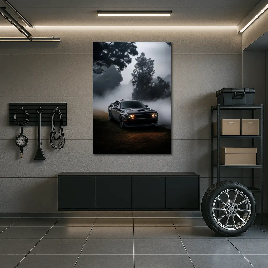 Dodge Challenger Black Muscle Car Foggy Night – Wall Art