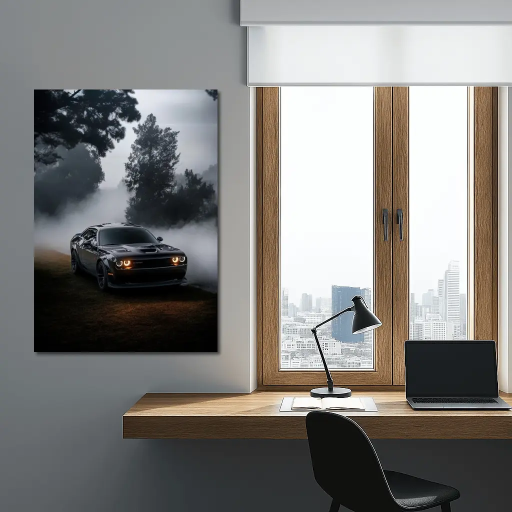 Dodge Challenger Black Muscle Car Foggy Night – Wall Art
