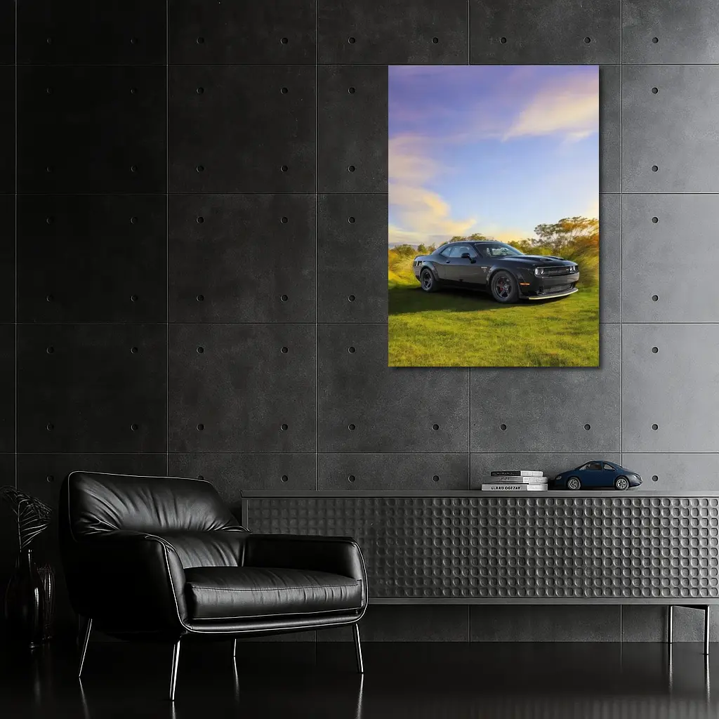 Dodge Challenger Black Muscle Car Green Field – Wall Art