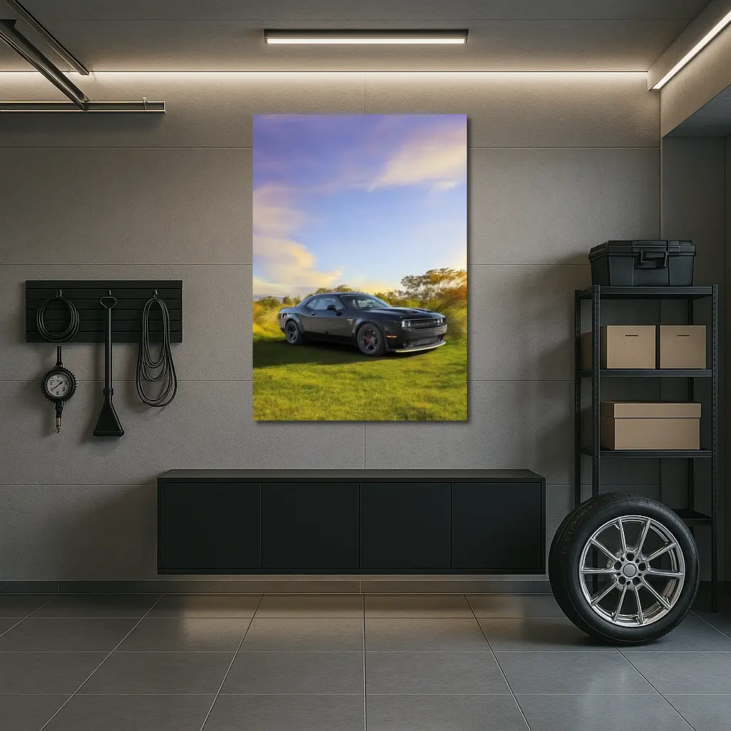 Dodge Challenger Black Muscle Car Green Field – Wall Art