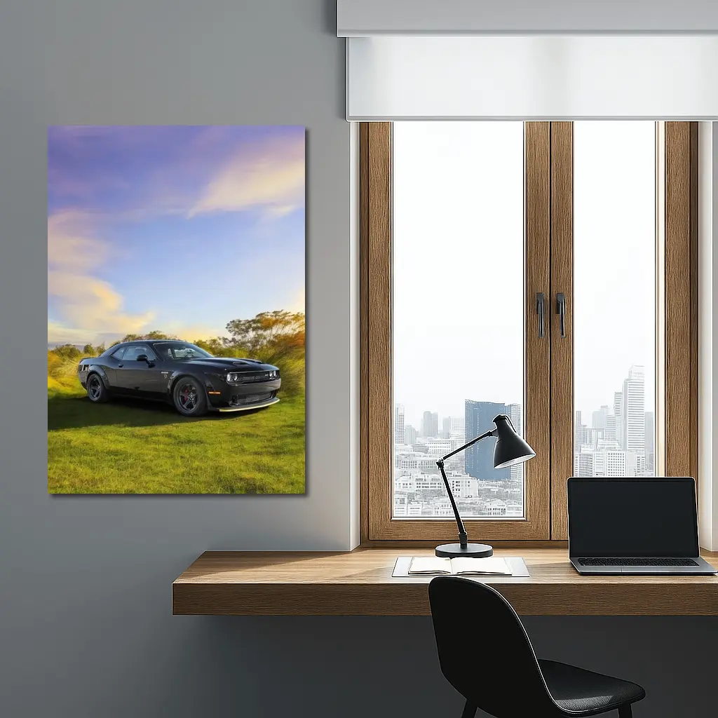 Dodge Challenger Black Muscle Car Green Field – Wall Art