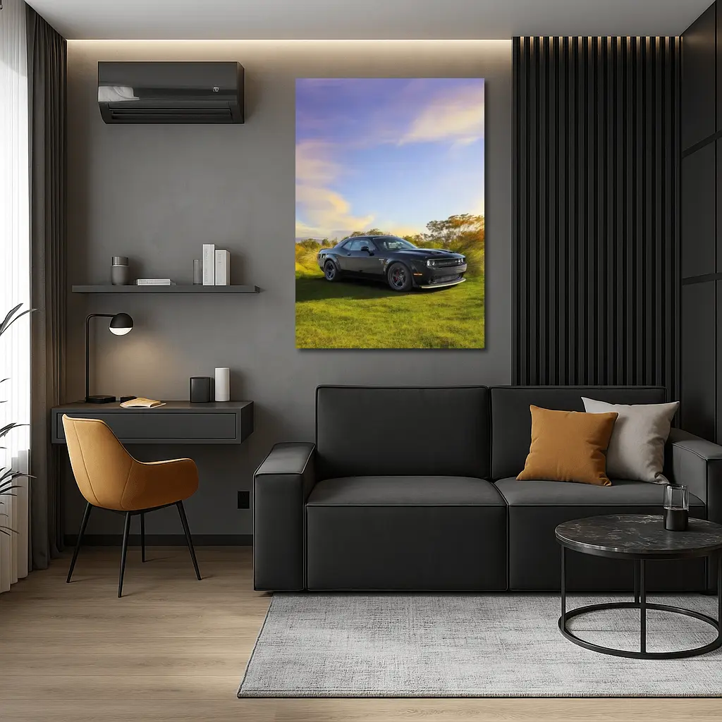 Dodge Challenger Black Muscle Car Green Field – Wall Art