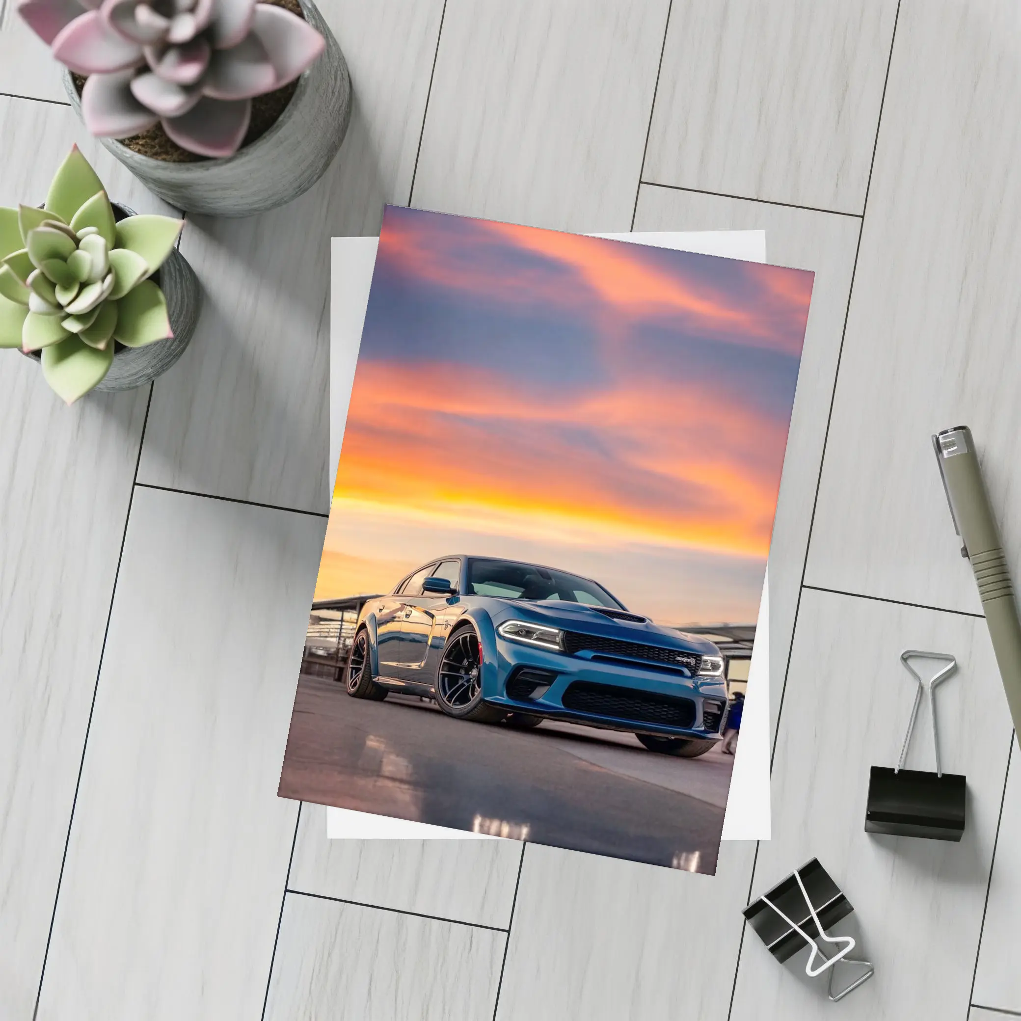 Dodge Charger Blue Muscle Car Sunset Sky – Postcards
