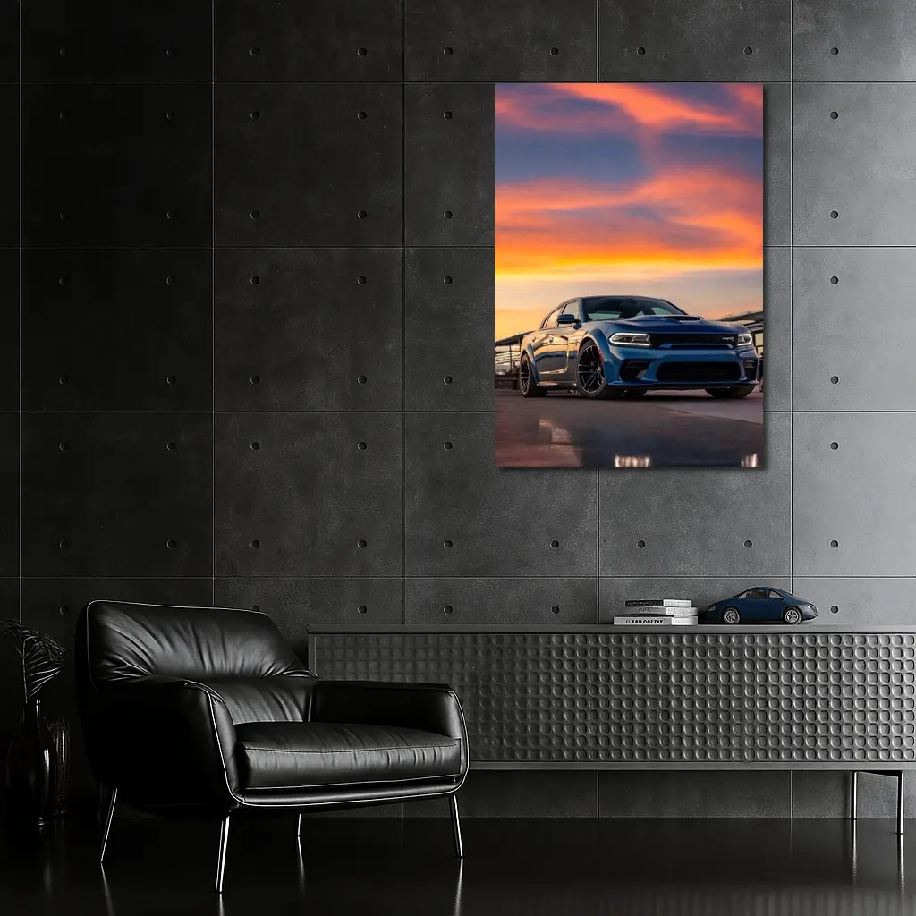 Dodge Charger Blue Muscle Car Sunset Sky – Wall Art