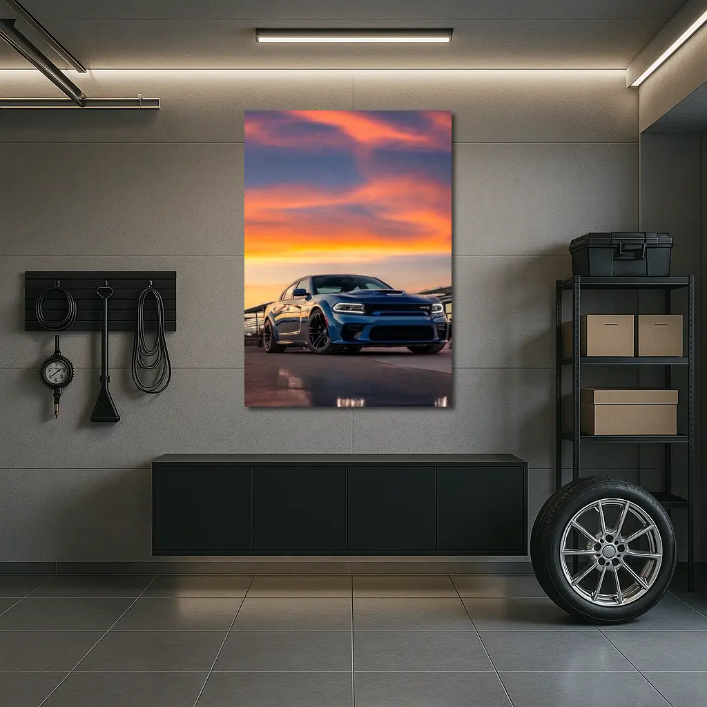 Dodge Charger Blue Muscle Car Sunset Sky – Wall Art