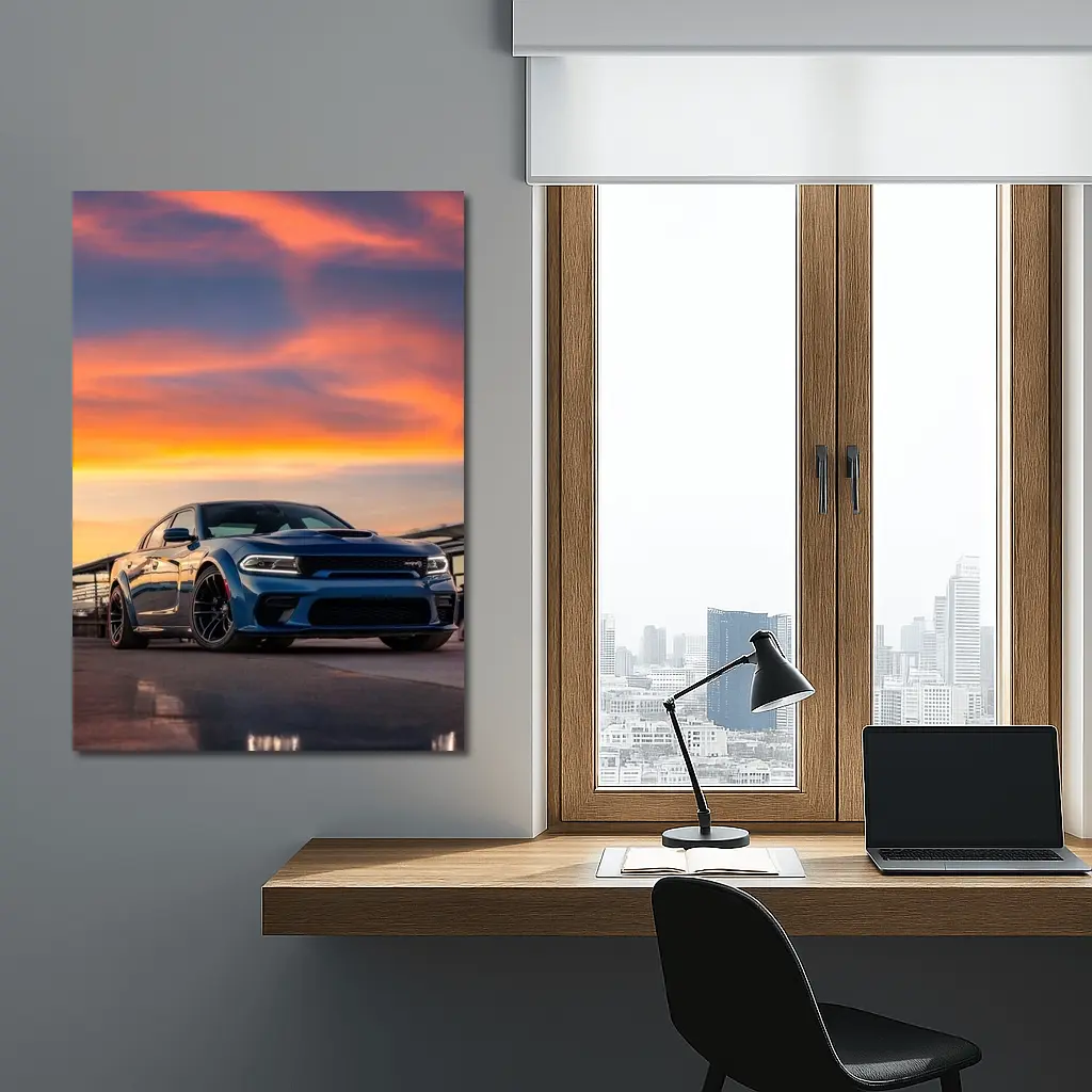 Dodge Charger Blue Muscle Car Sunset Sky – Wall Art