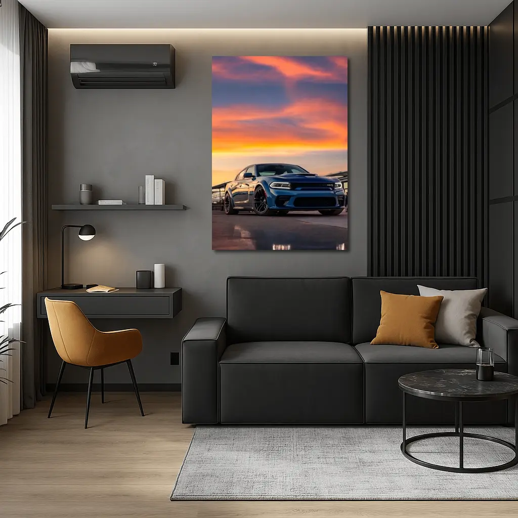 Dodge Charger Blue Muscle Car Sunset Sky – Wall Art