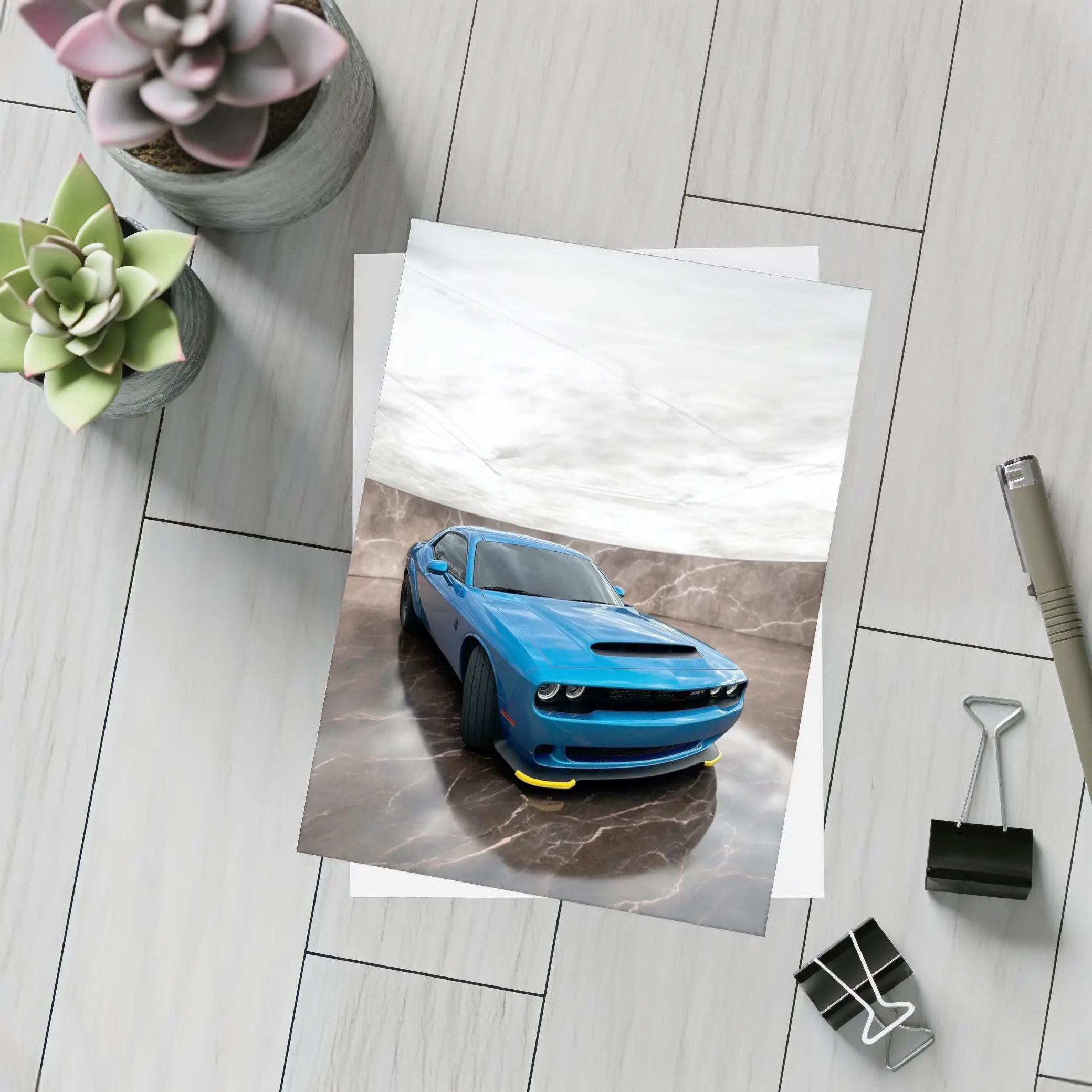 Dodge Challenger Blue Muscle Car Marble Studio – Postcards