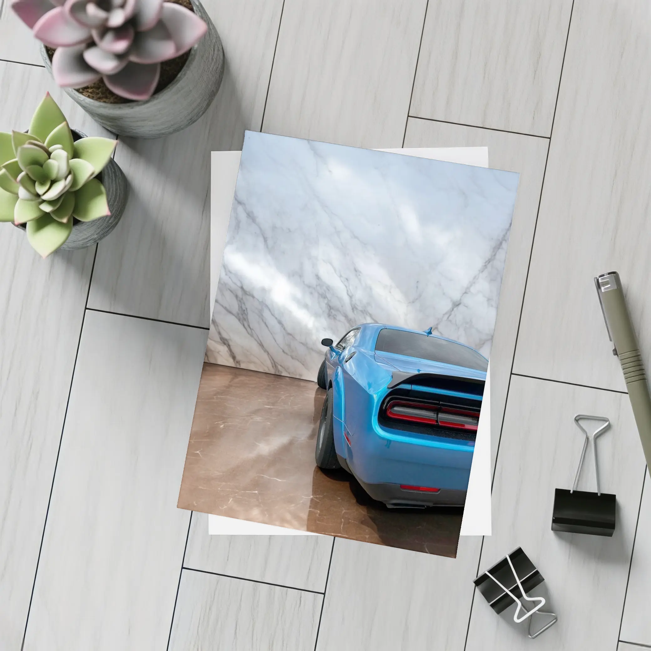 Dodge Challenger Blue Rear Marble Background – Postcards