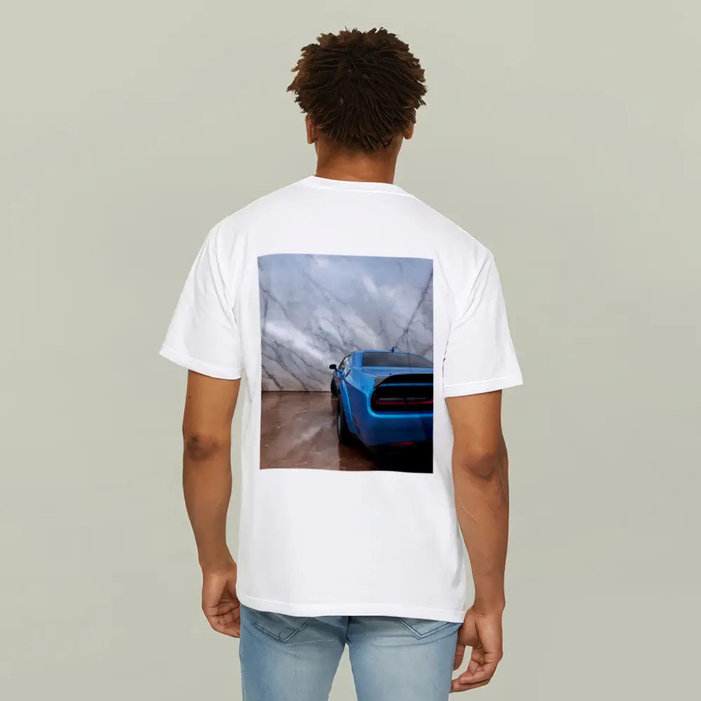Dodge Challenger Blue Rear Marble Background – T-Shirts