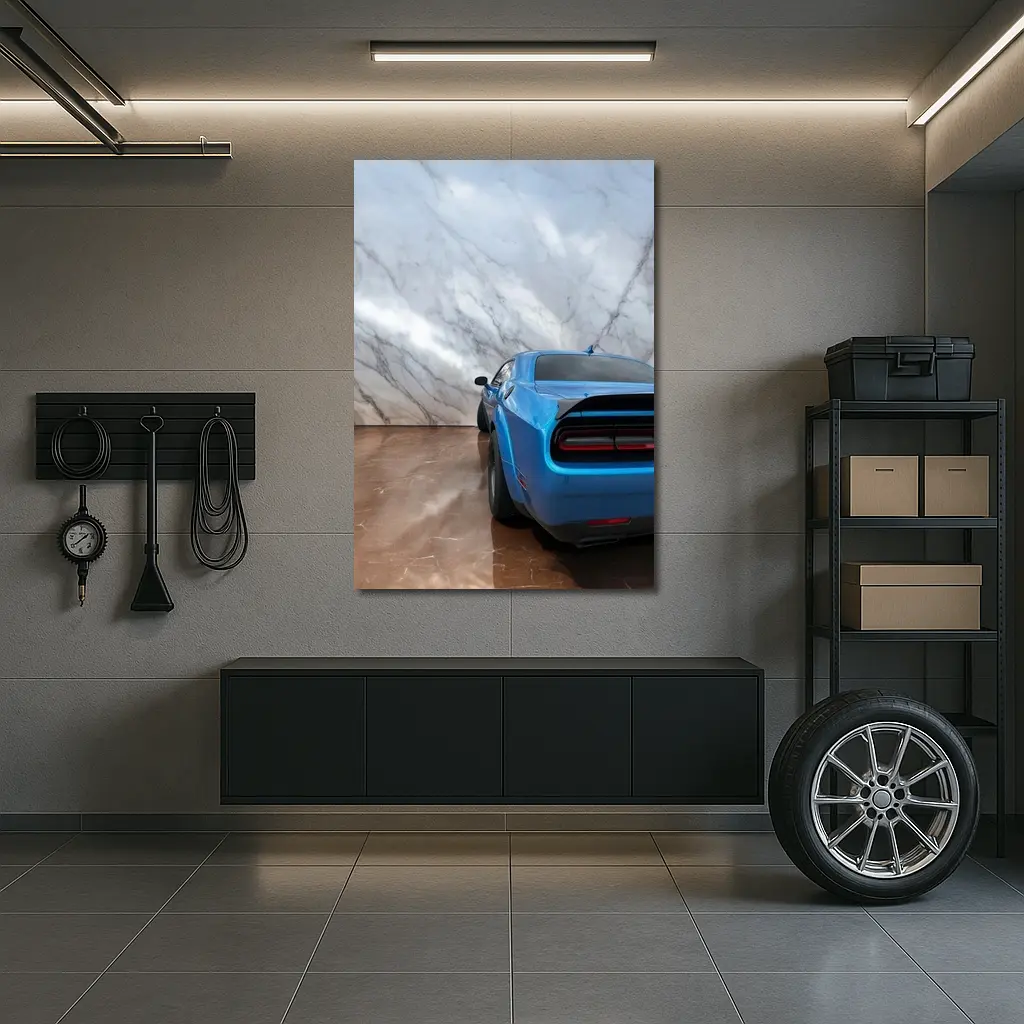 Dodge Challenger Blue Rear Marble Background – Wall Art