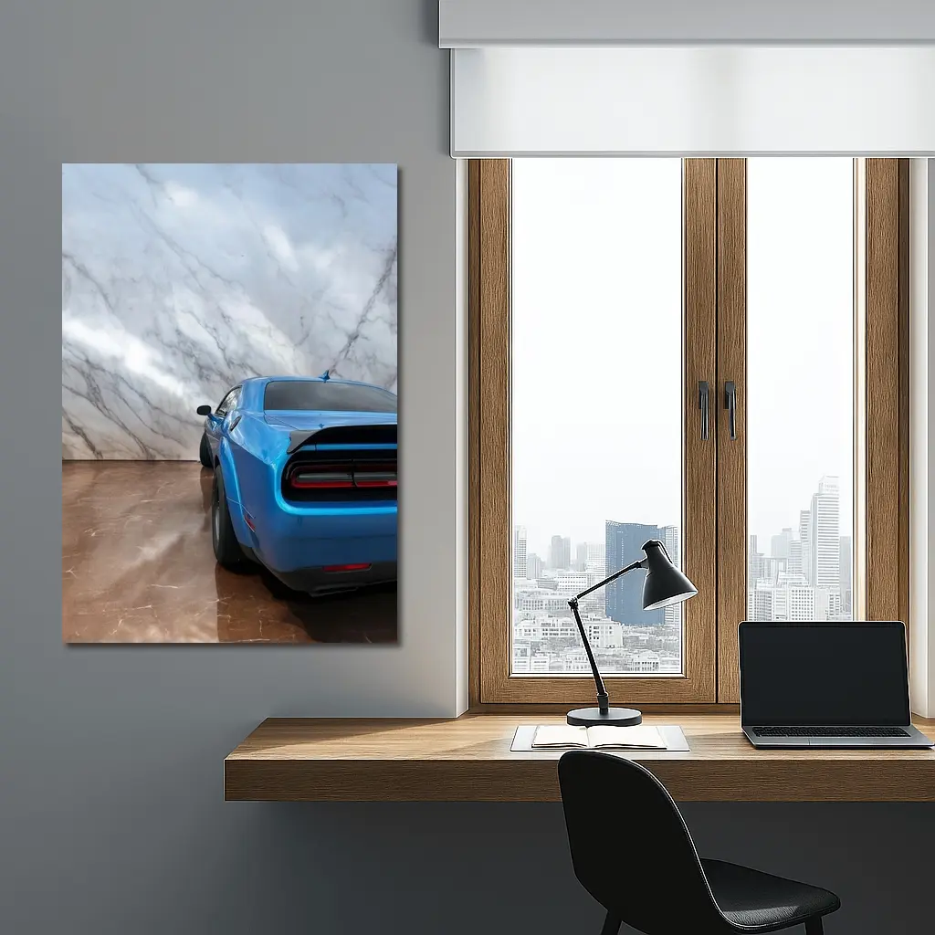 Dodge Challenger Blue Rear Marble Background – Wall Art