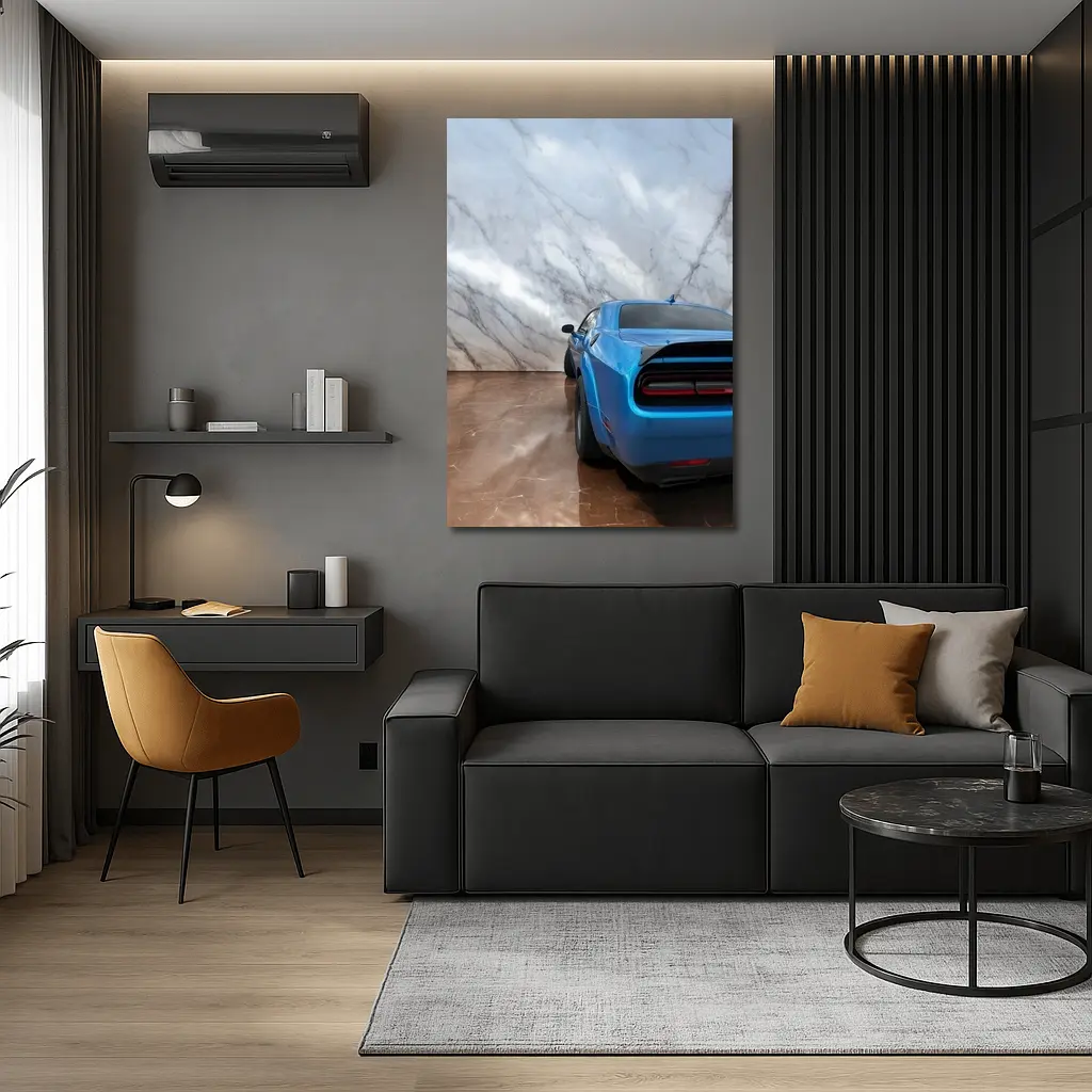 Dodge Challenger Blue Rear Marble Background – Wall Art