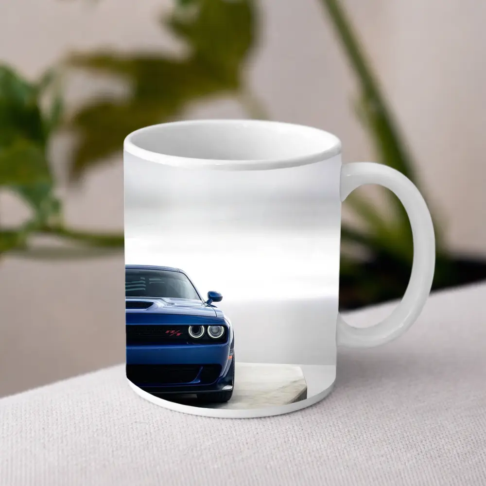 Dodge Challenger Blue Front View Minimal Background – Mugs