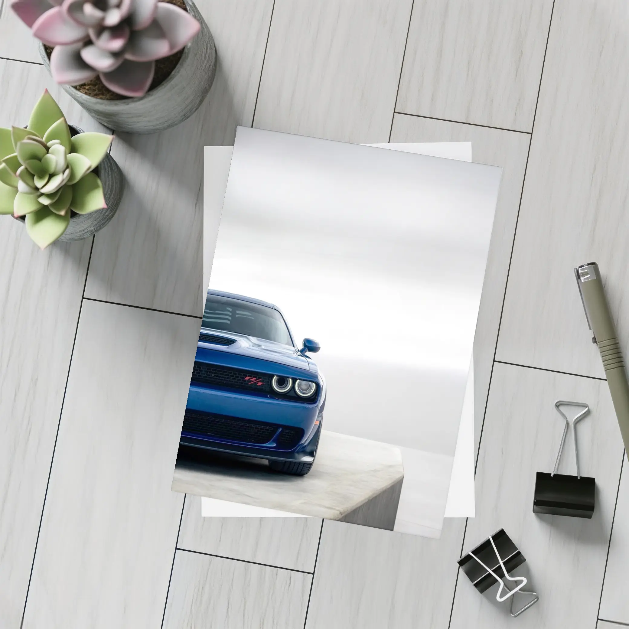 Dodge Challenger Blue Front View Minimal Background – Postcards