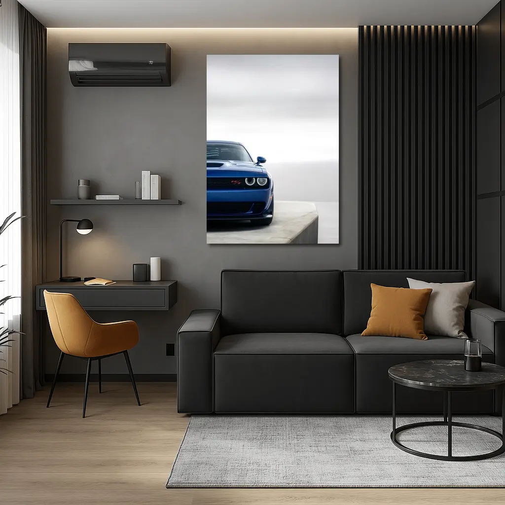 Dodge Challenger Blue Front View Minimal Background – Wall Art