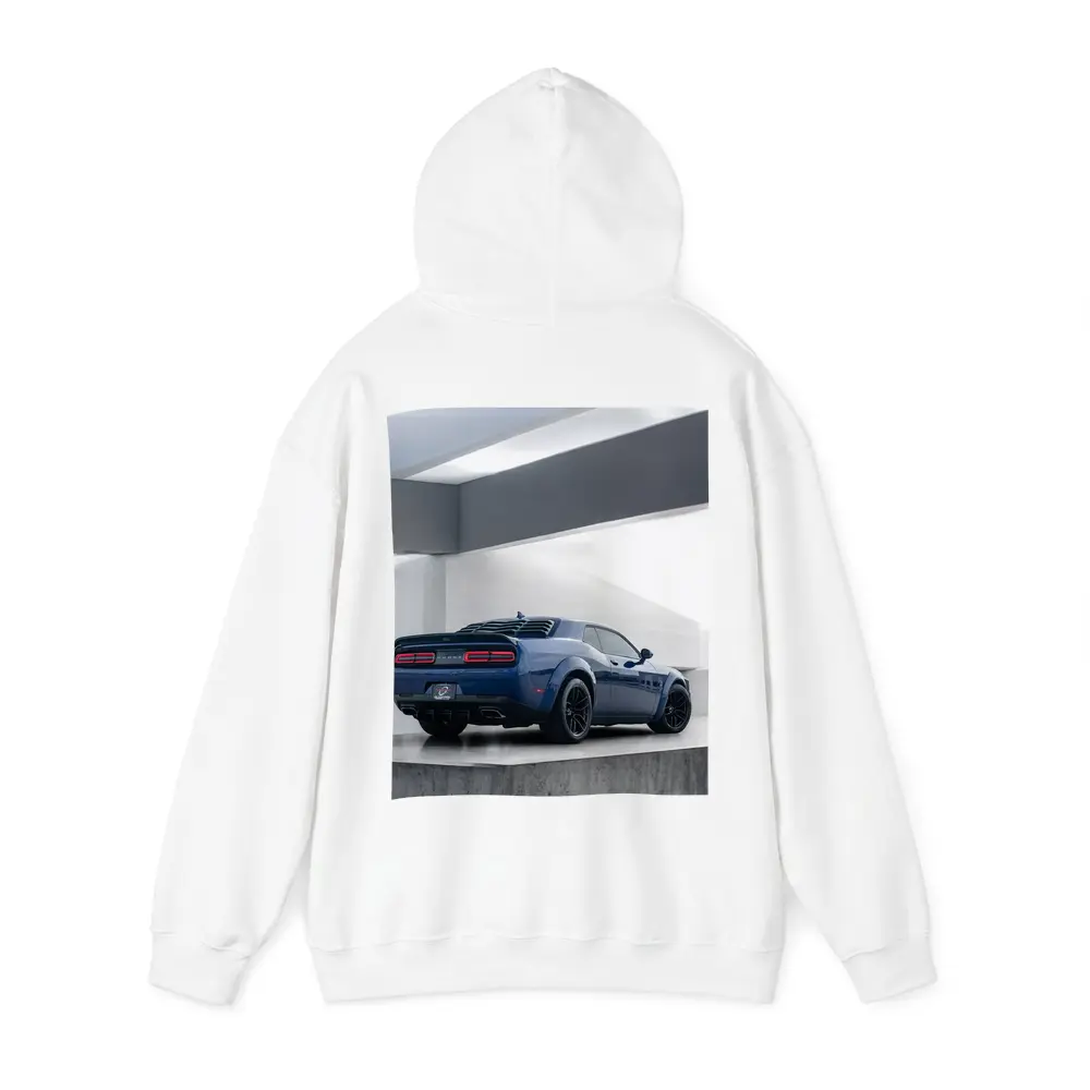 Dodge Challenger Blue Rear View Garage – Hoodies