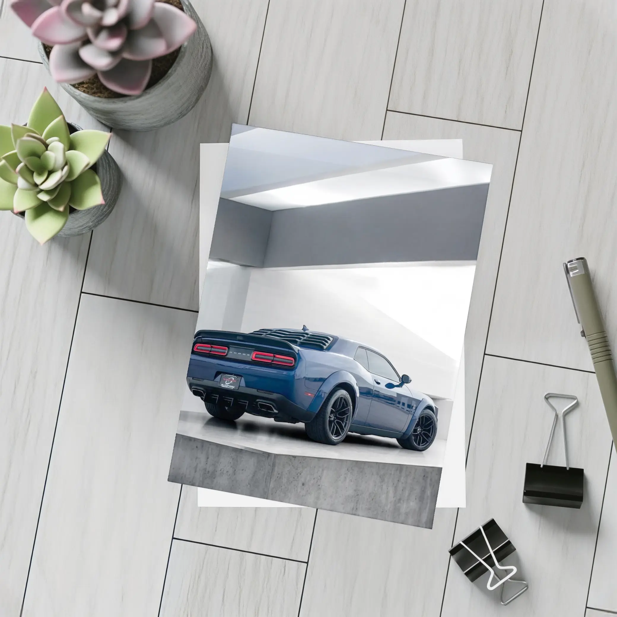 Dodge Challenger Blue Rear View Garage – Postcards