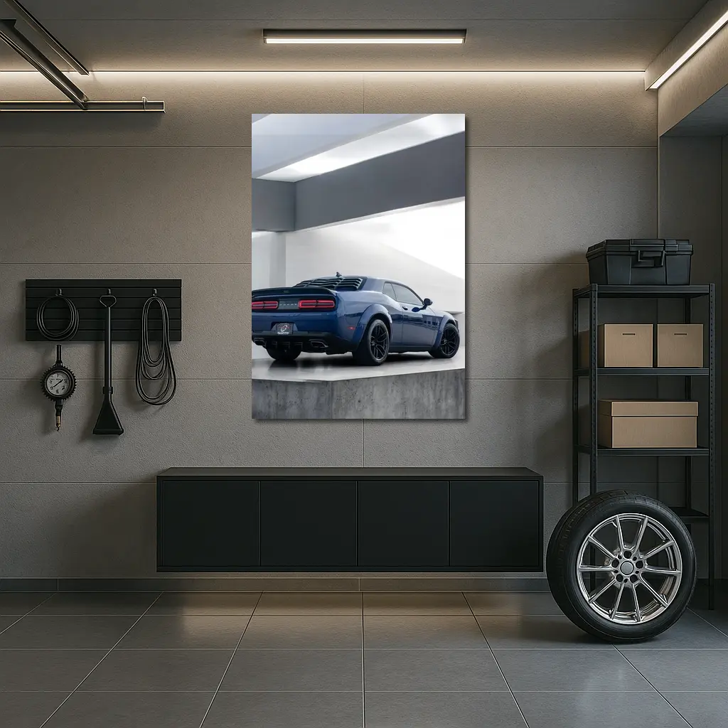 Dodge Challenger Blue Rear View Garage – Wall Art