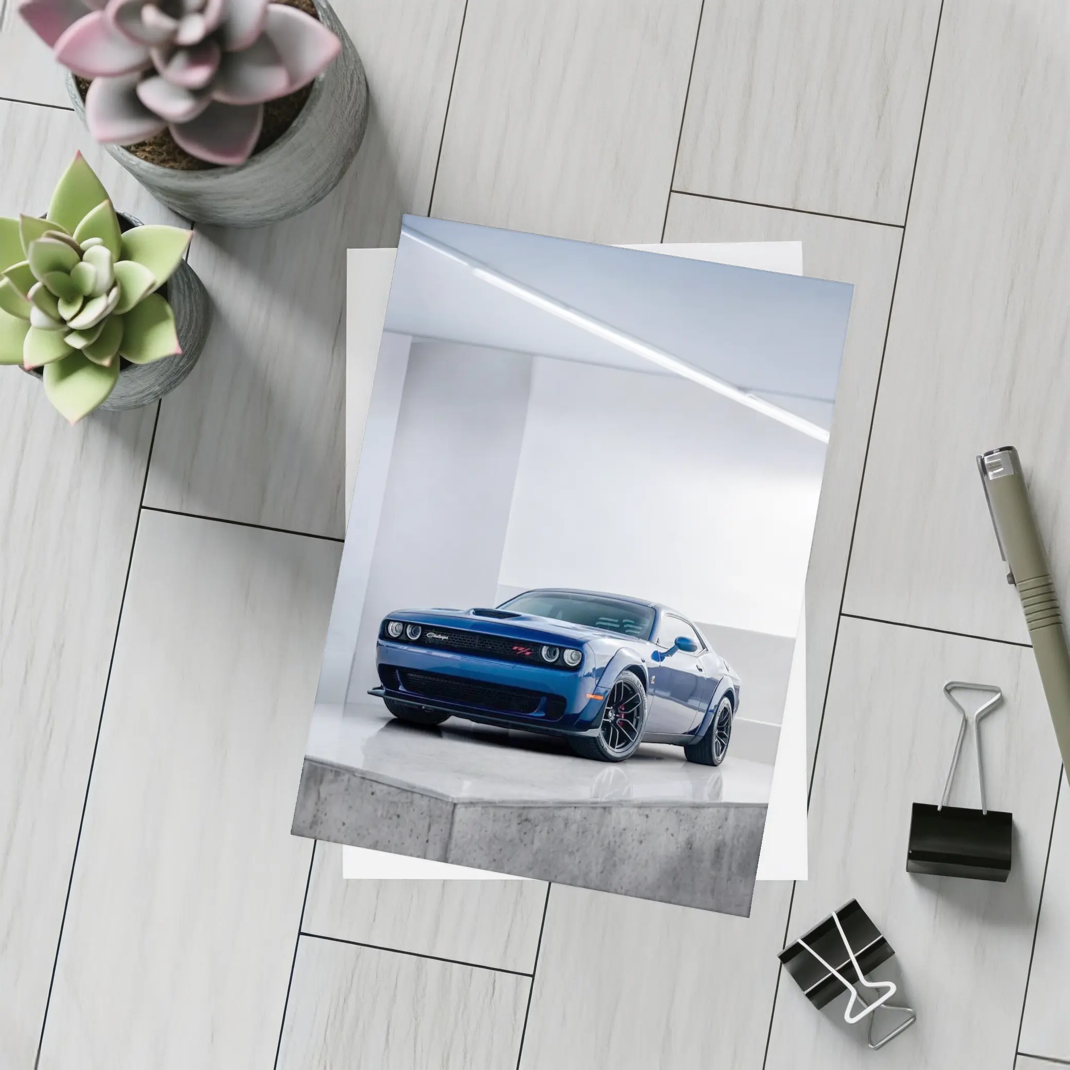 Dodge Challenger SRT Blue Garage Shot – Postcards