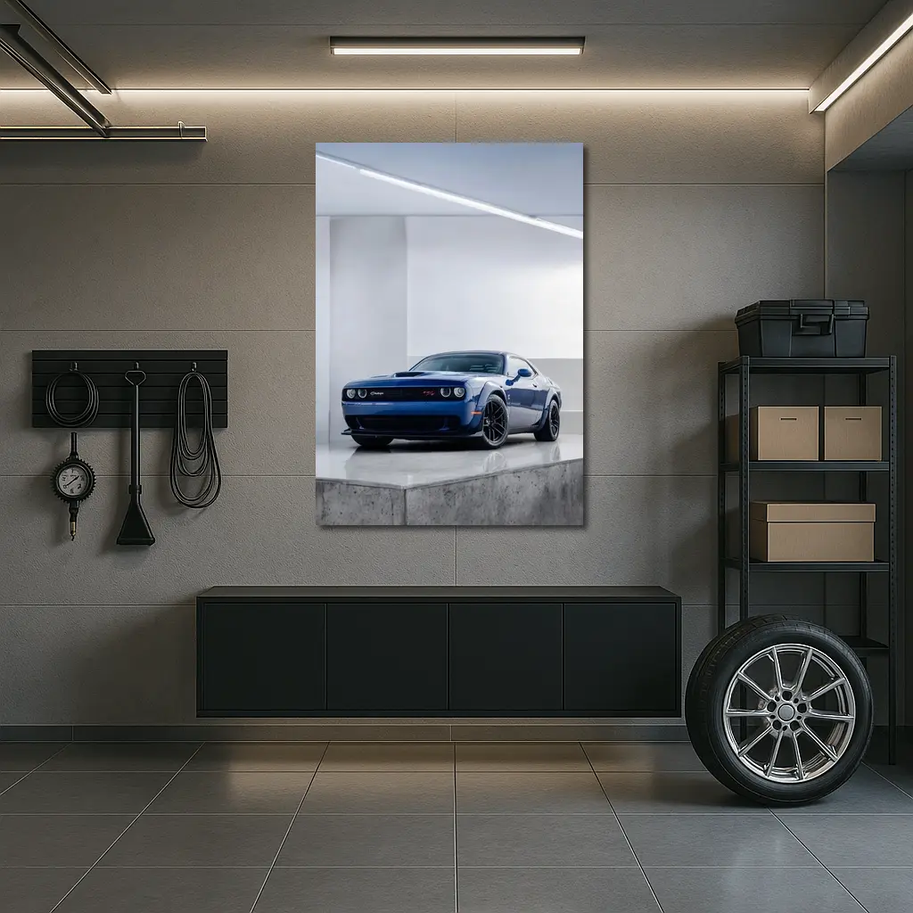 Dodge Challenger SRT Blue Garage Shot – Wall Art