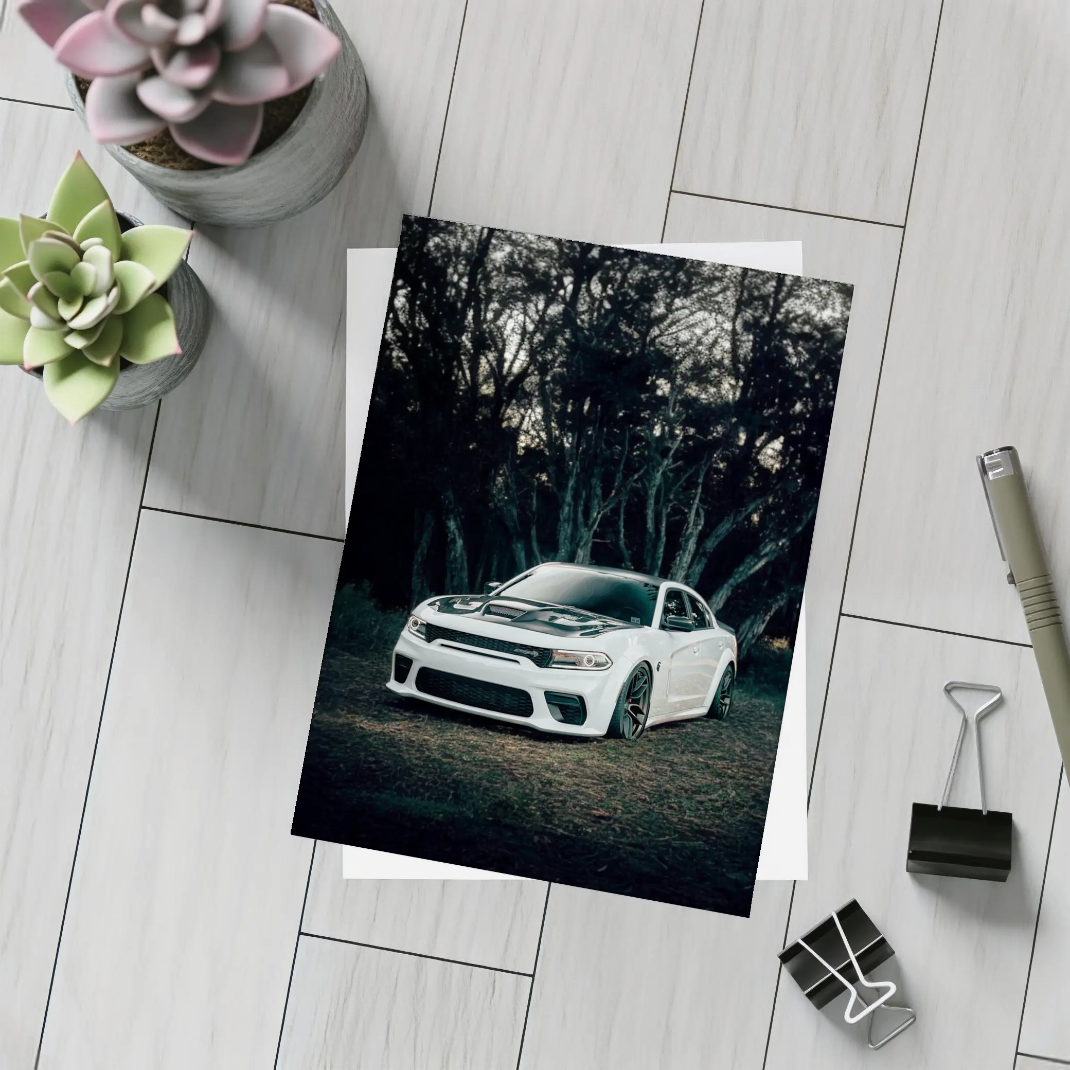 Dodge Charger White Muscle Car Dark Forest – Postcards