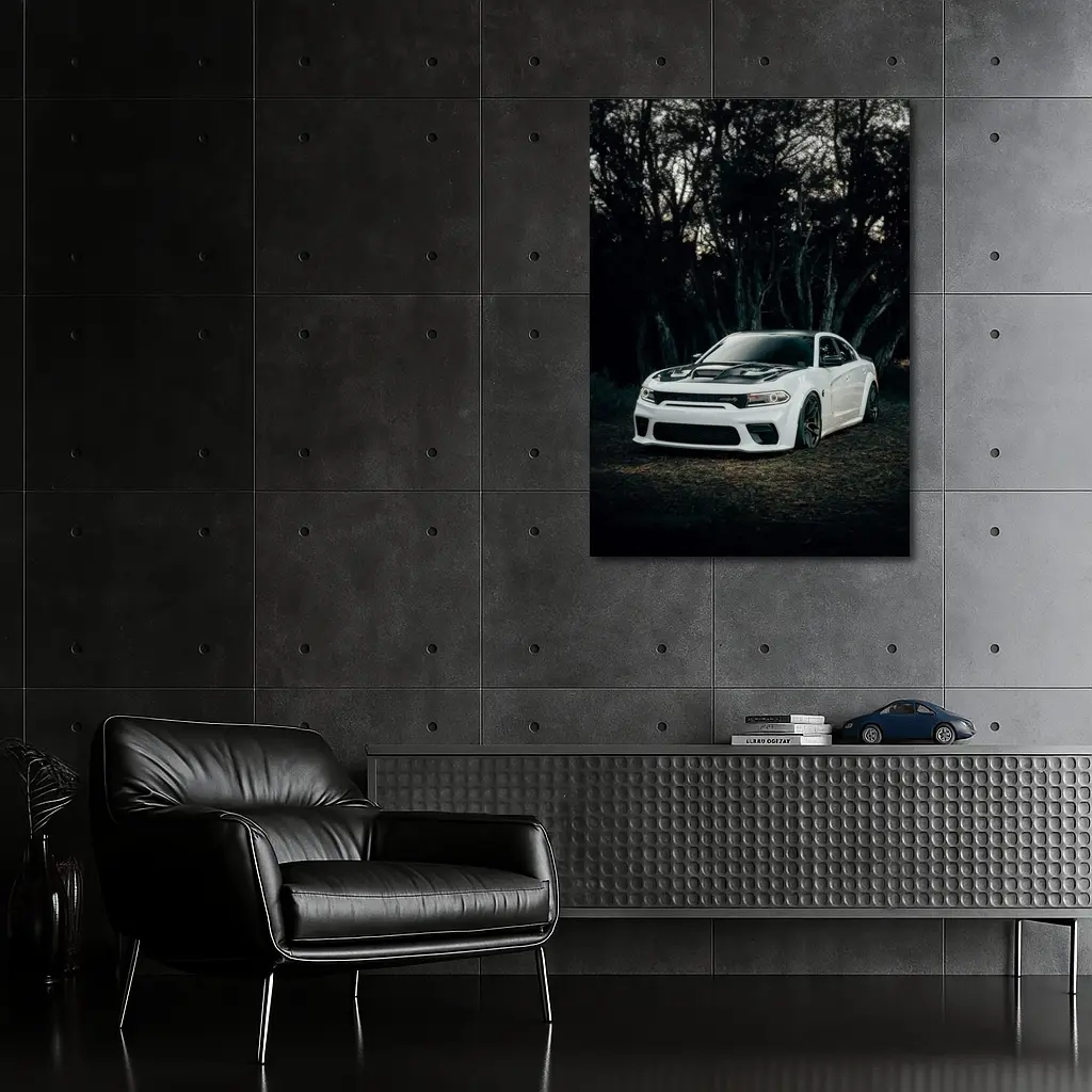 Dodge Charger White Muscle Car Dark Forest – Wall Art