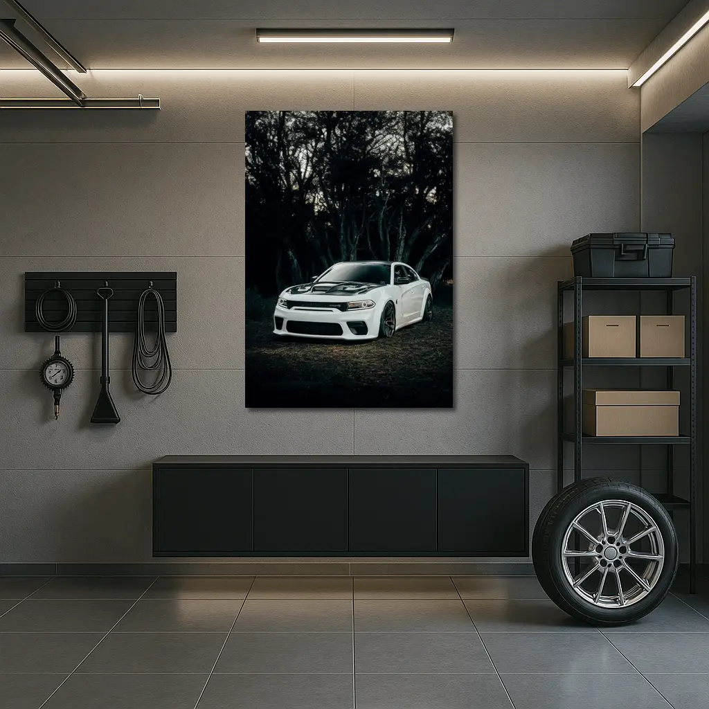 Dodge Charger White Muscle Car Dark Forest – Wall Art