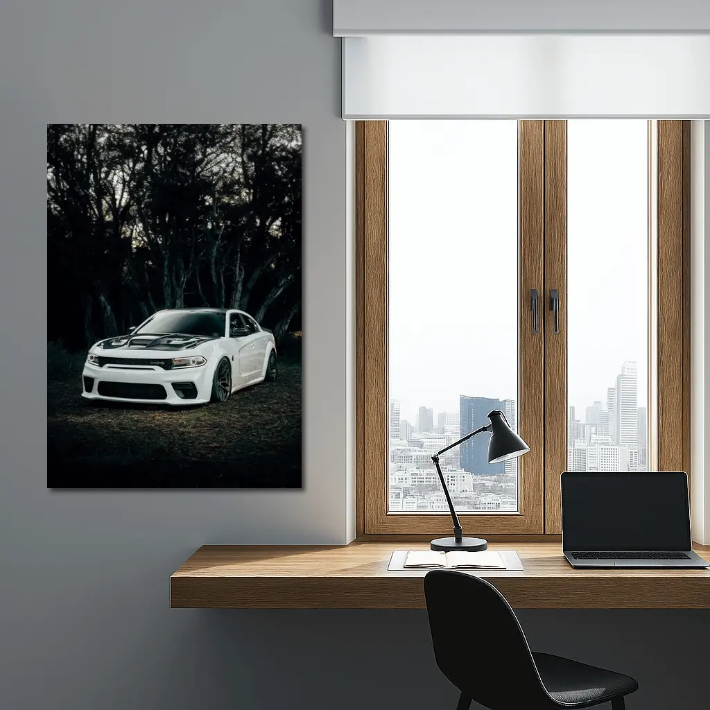 Dodge Charger White Muscle Car Dark Forest – Wall Art