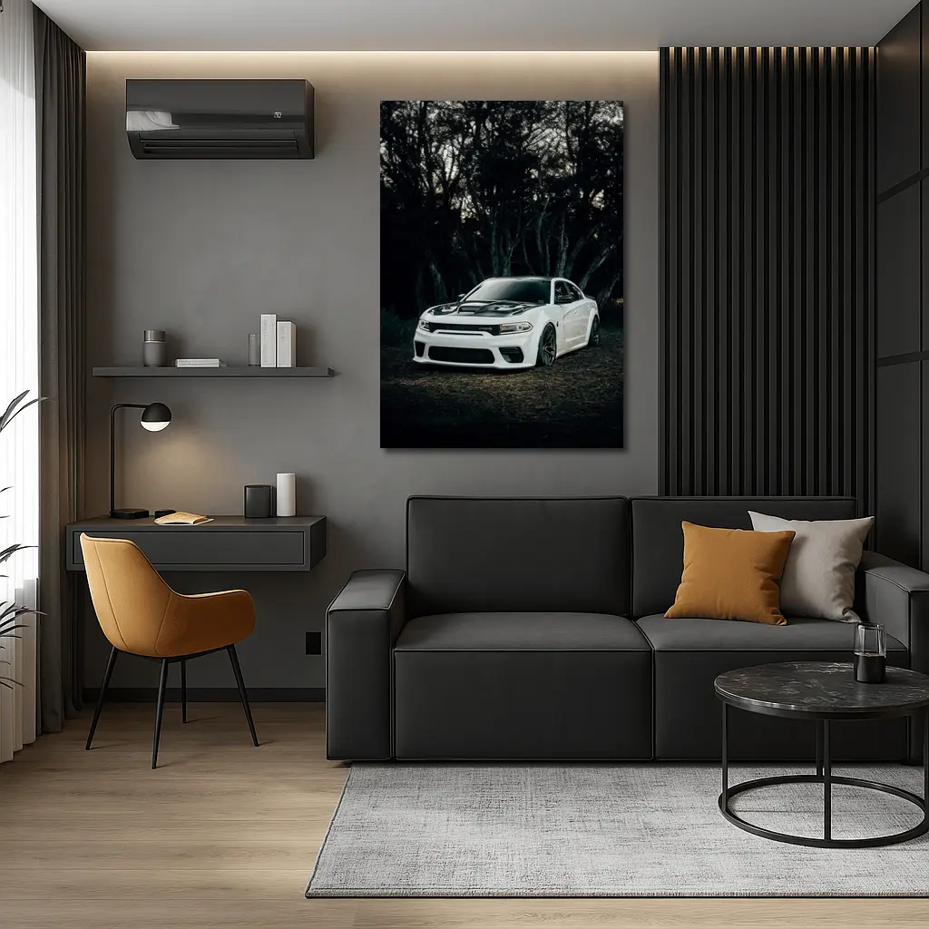 Dodge Charger White Muscle Car Dark Forest – Wall Art