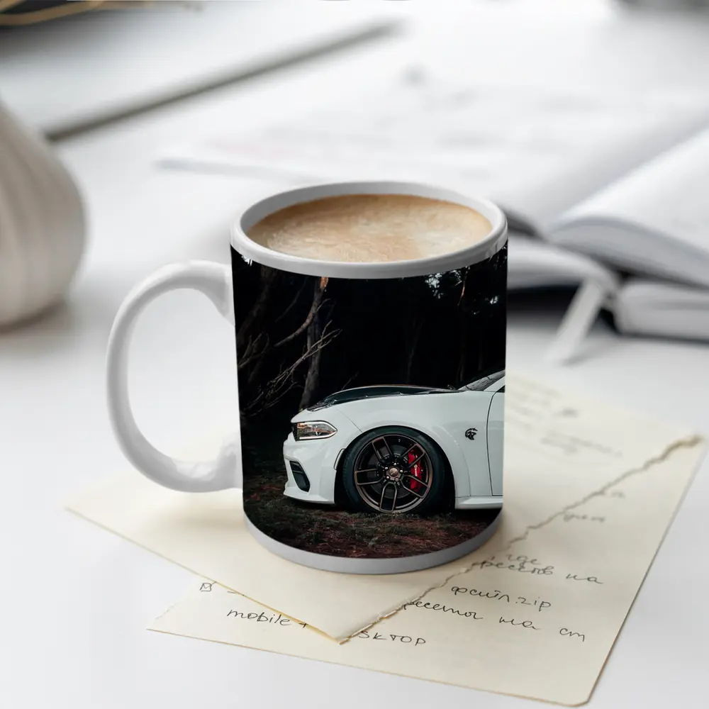 Dodge Charger White Muscle Car Dark Forest – Mugs