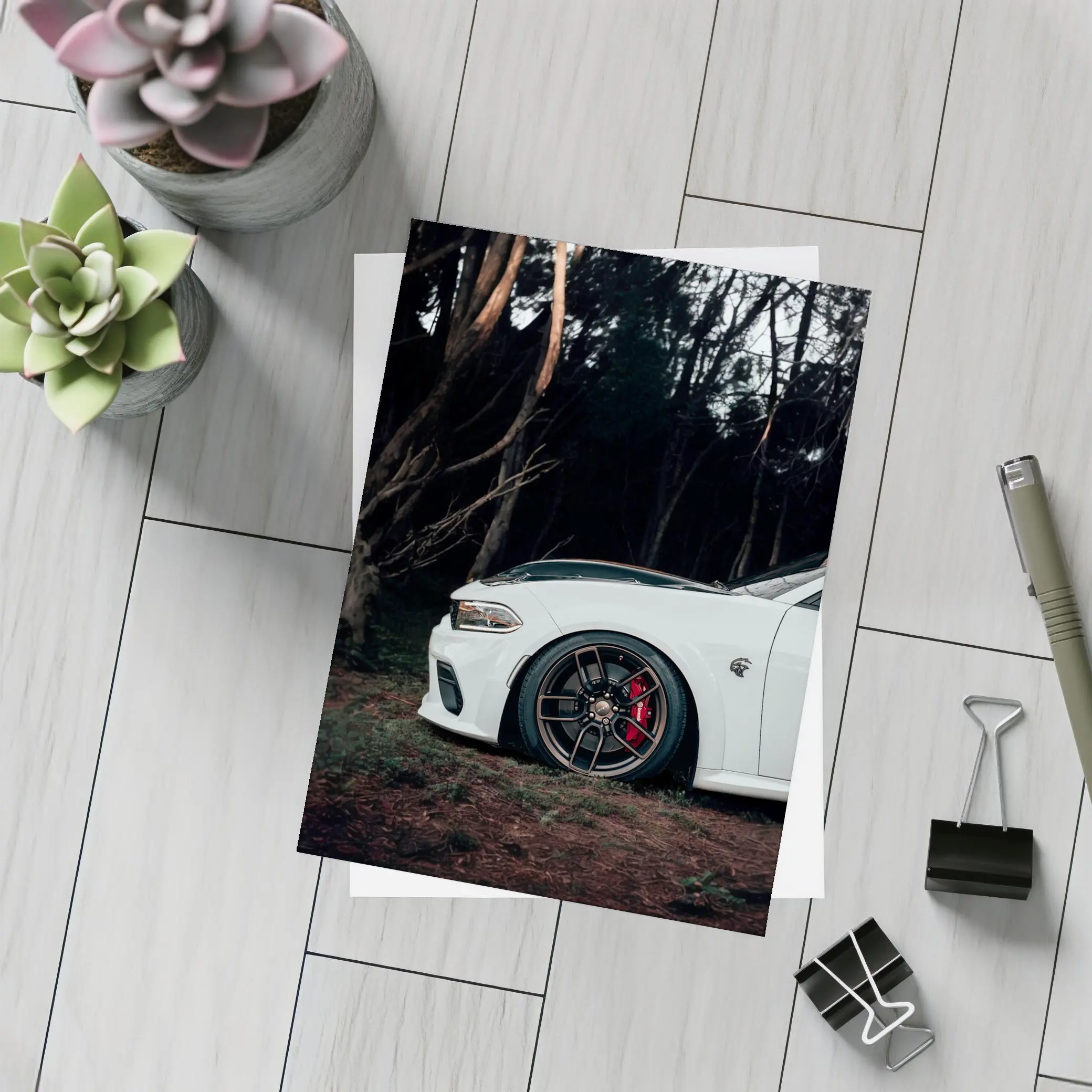 Dodge Charger White Muscle Car Dark Forest – Postcards