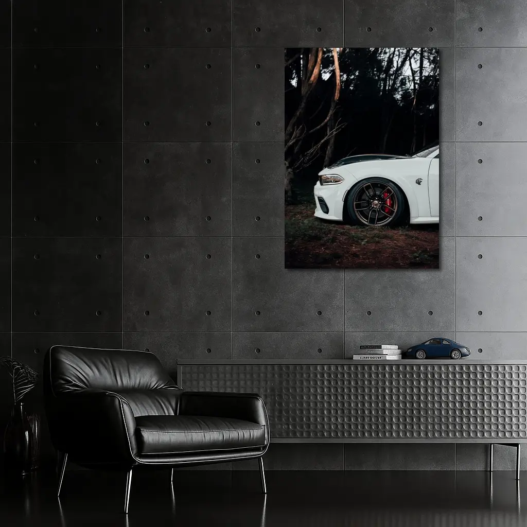 Dodge Charger White Muscle Car Dark Forest – Wall Art