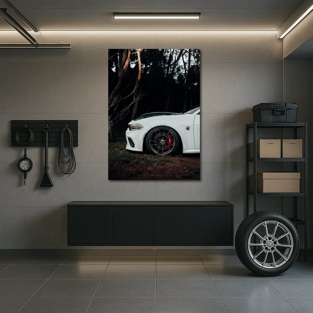 Dodge Charger White Muscle Car Dark Forest – Wall Art