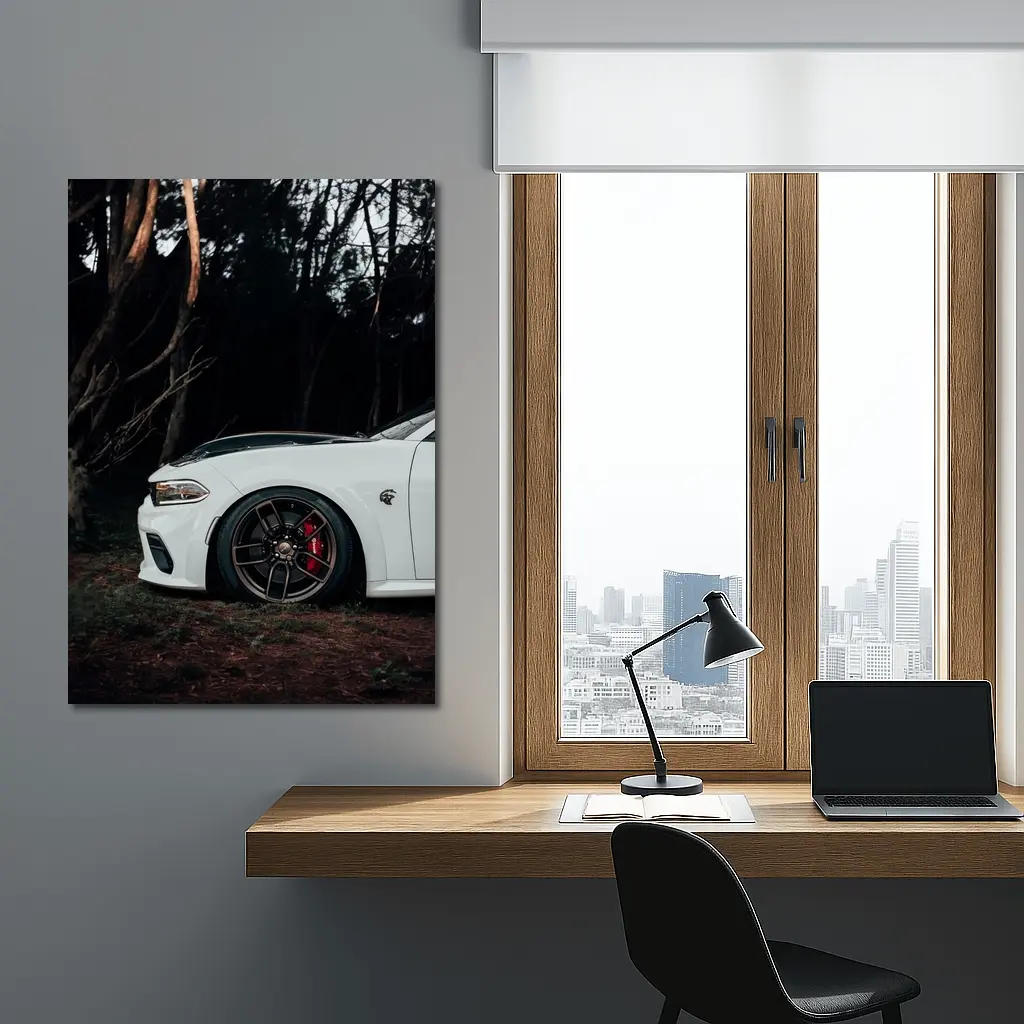 Dodge Charger White Muscle Car Dark Forest – Wall Art