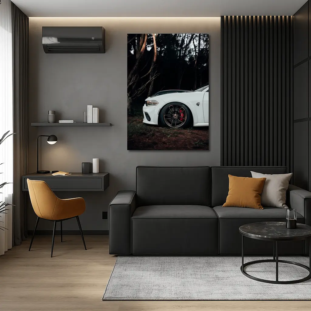 Dodge Charger White Muscle Car Dark Forest – Wall Art