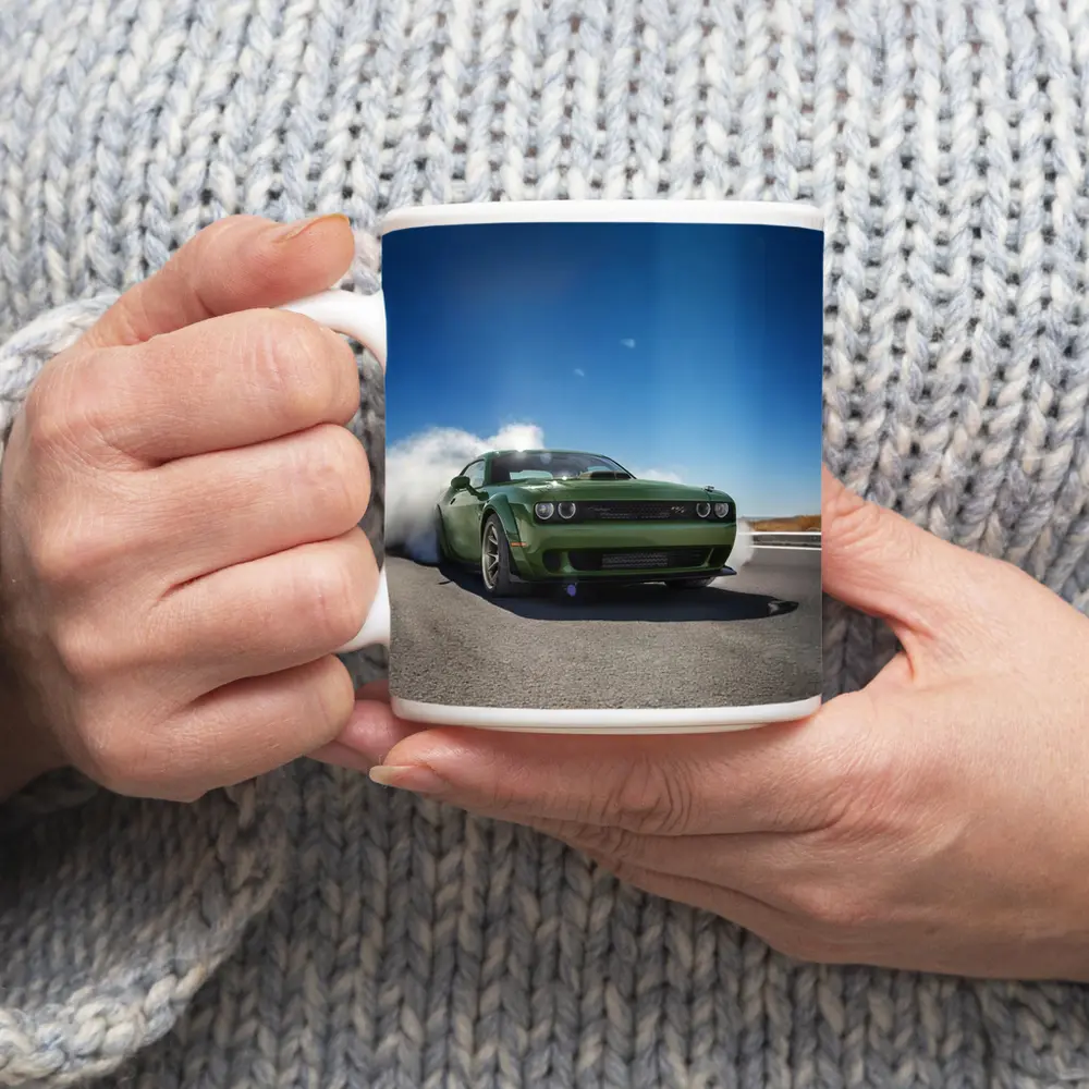 Dodge Challenger Green Muscle Car Burnout Road – Mugs