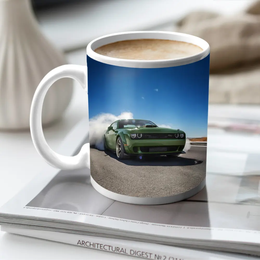 Dodge Challenger Green Muscle Car Burnout Road – Mugs