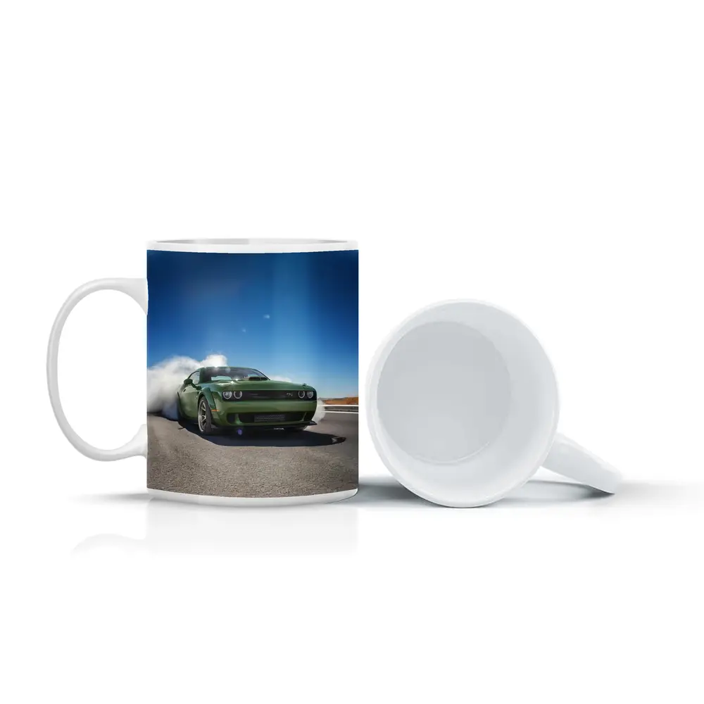 Dodge Challenger Green Muscle Car Burnout Road – Mugs