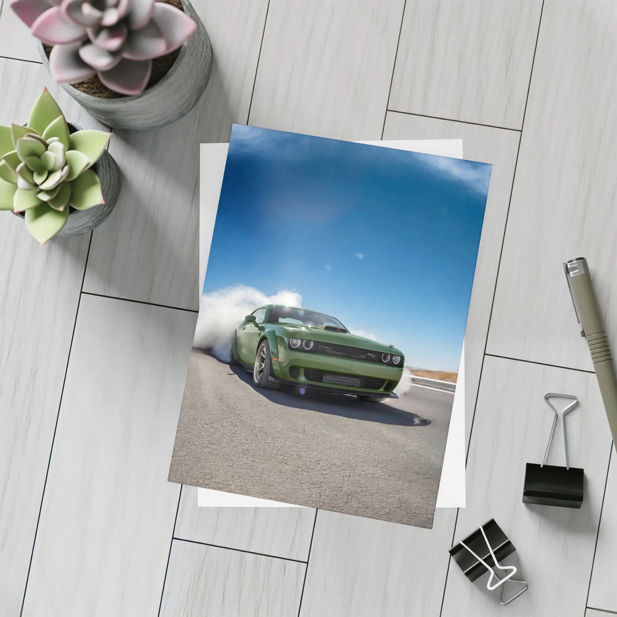 Dodge Challenger Green Muscle Car Burnout Road – Postcards