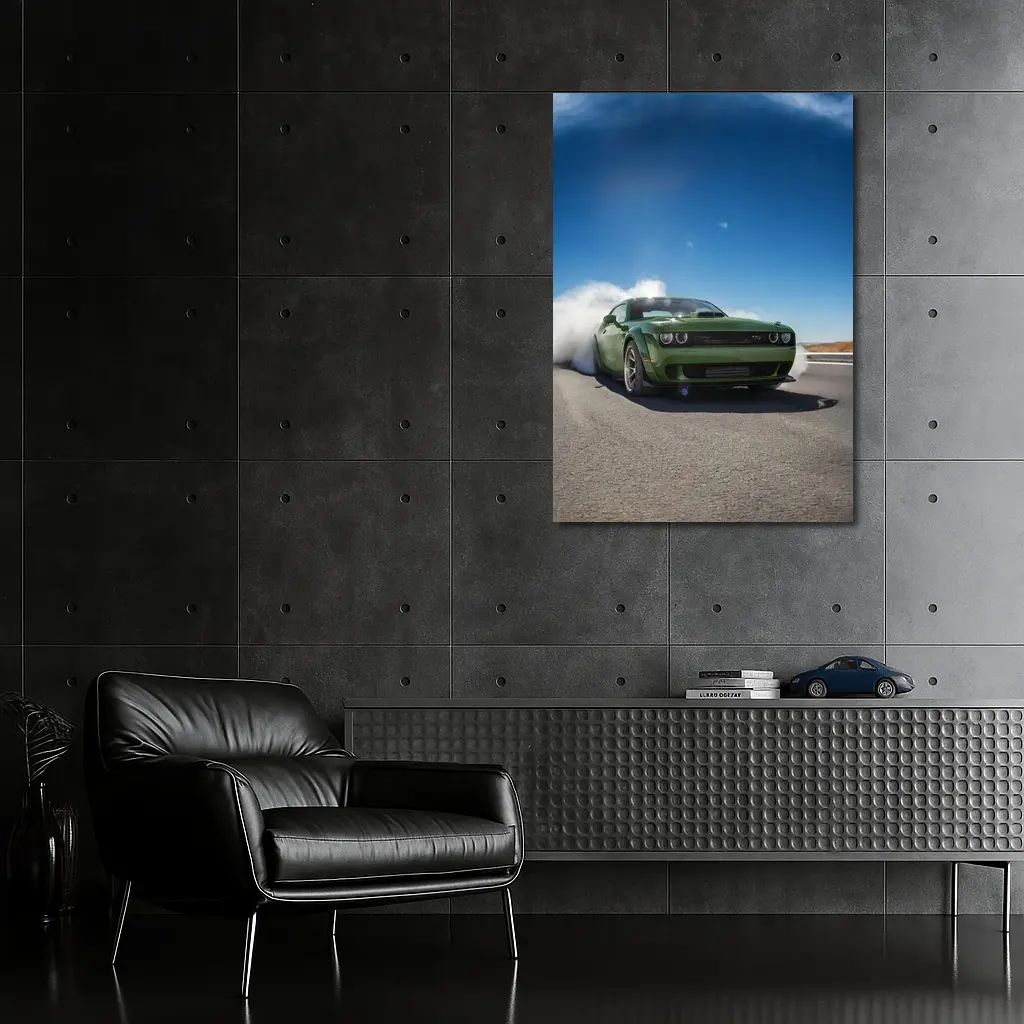 Dodge Challenger Green Muscle Car Burnout Road – Wall Art
