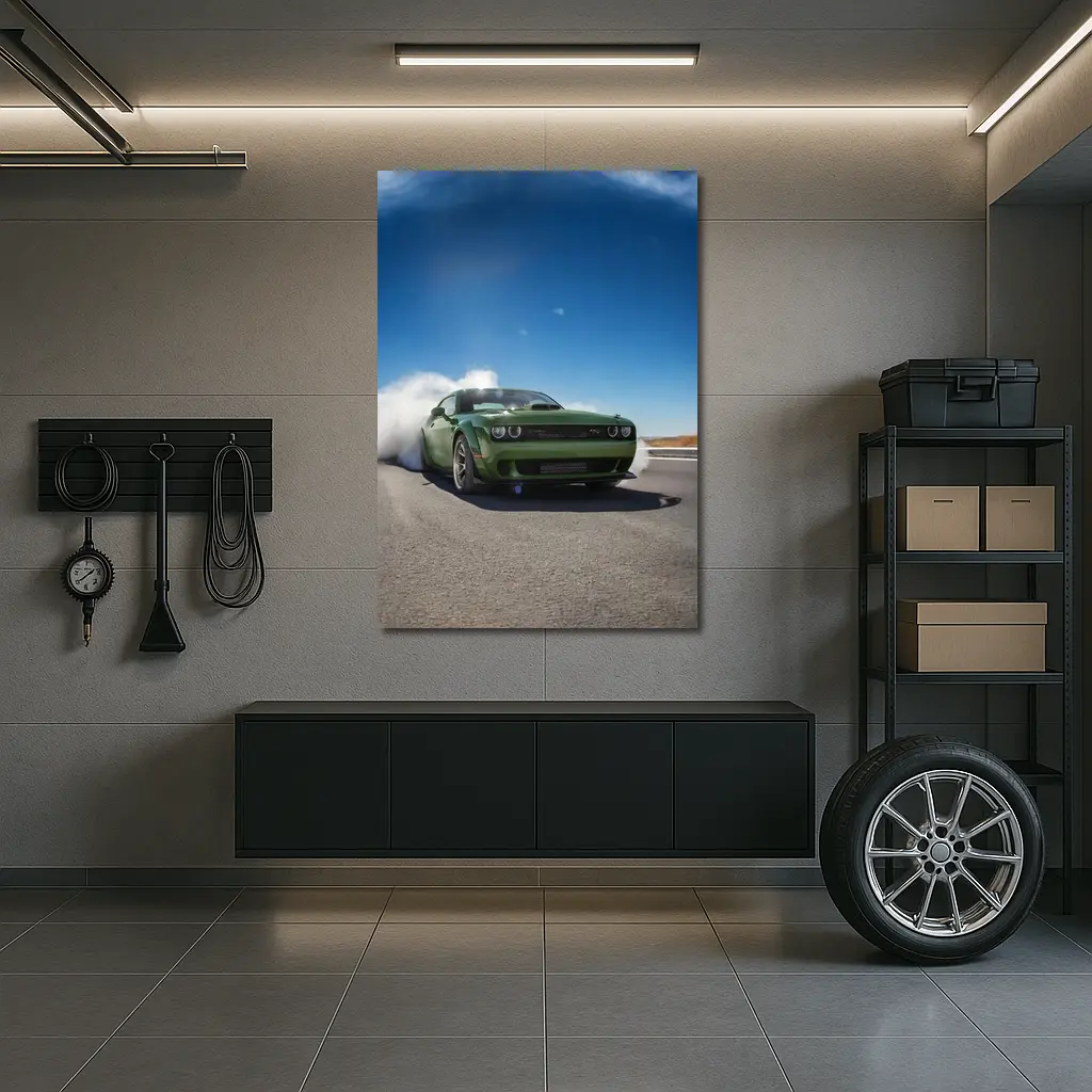 Dodge Challenger Green Muscle Car Burnout Road – Wall Art
